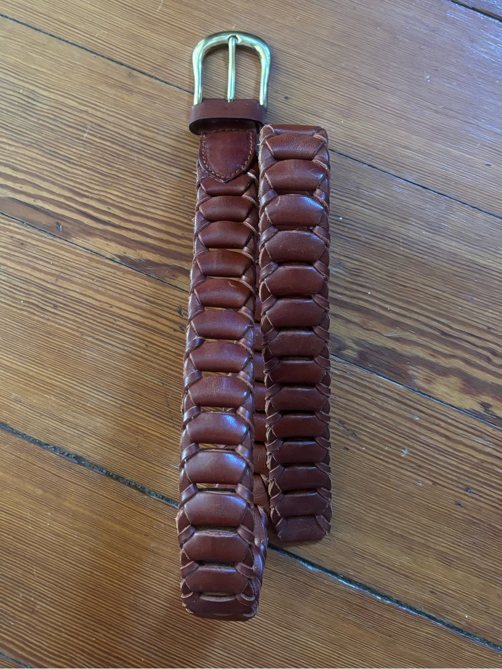 Vintage Braided Leather Belt in Brown with Gold-Tone Buckle